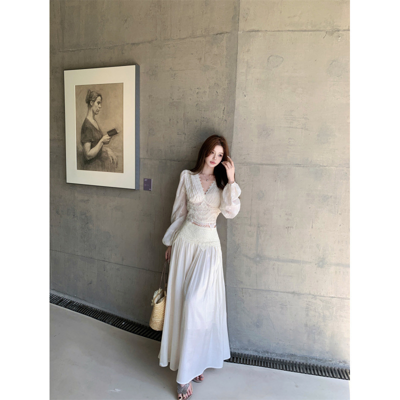 老钱风气质长袖蕾丝雪纺衫上衣优雅拼接半身长裙套装女|undefined