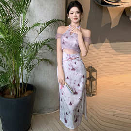 WDS4025欧美2024跨境外贸性感无袖网纱蕾丝收腰开衩旗袍连衣裙女