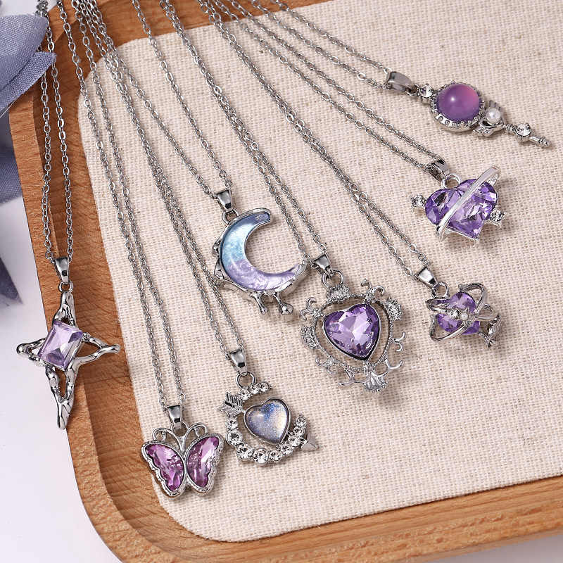 梦幻紫色爱心液态月亮星星蝴蝶魔法棒吊坠项链时尚通勤女锁骨链