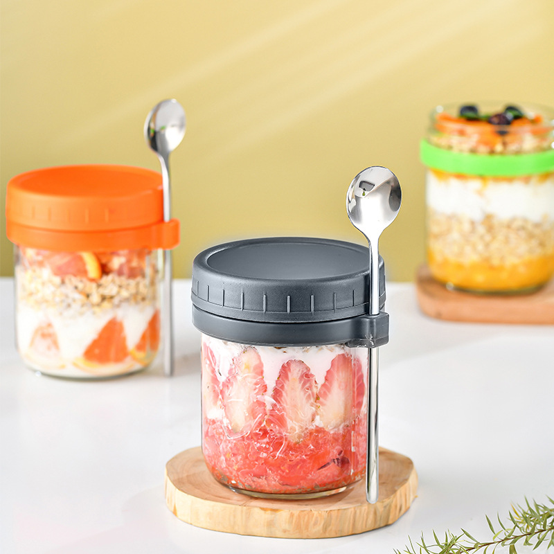 Amazon overnight oatmeal 12oz taza de yogur taza de leche con cuchara taza de ensalada sellado botella Mason oatmeal taza