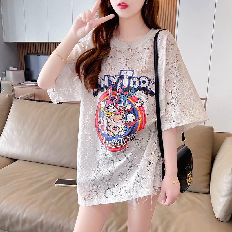 Fashion New 2023 Summer lace short-sleeved T-shirt women's cotton Korean-style printed top mid-length plus size women's clothing