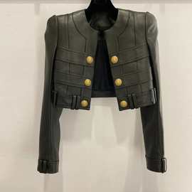 高级感炸街小众皮衣外套女春季设计感别致时髦金属扣圆领夹克上衣