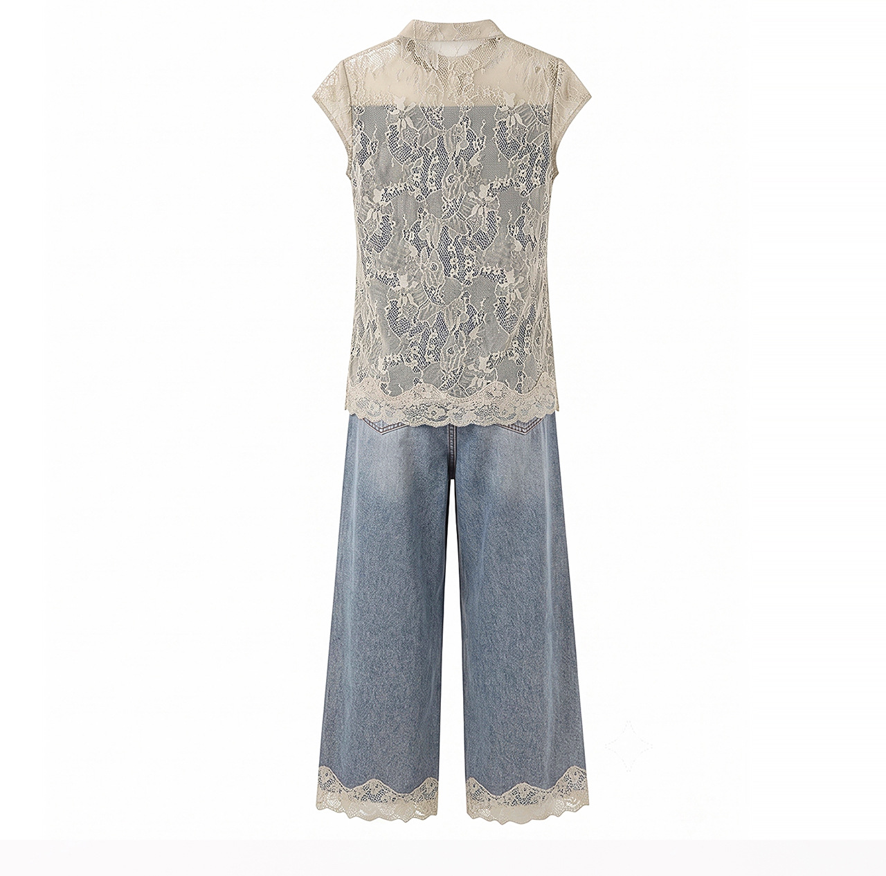 Bộ áo ren phối quần jeans nữ phong cách Trung Hoa mùa hè — màu kaki chi tiết 17