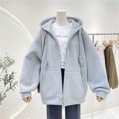 加绒开衫卫衣连帽外套女春秋韩版慵懒风宽松拉链休闲加厚保暖上衣