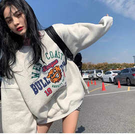 2026秋冬新款美式字母加厚加绒oversize外套上衣宽松卡通印花卫衣