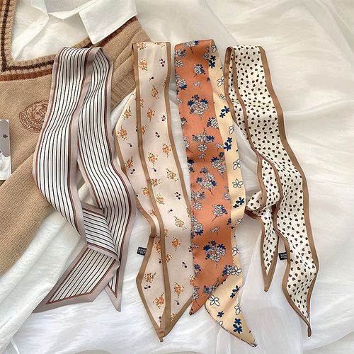 A white-bright coffee color floral silk scarf, long and narrow, small and versatile, suitable for tying a ponytail in a braided style, a floating hairband.
