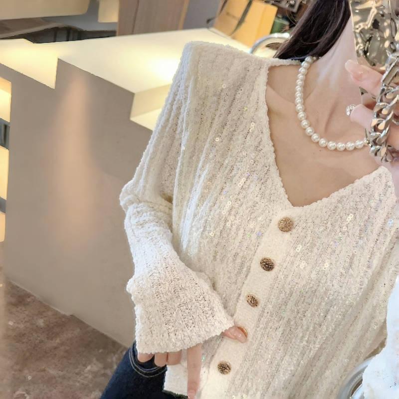 Tweed Style Accessible Luxury Gold Style Celebrity Sequined V Neck Knitted Cardigan Women's Autumn Top Bottoming Shirt Autumn and Winter