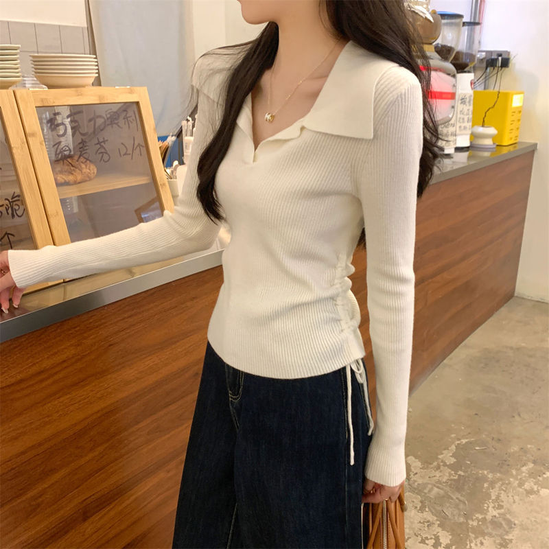 One-Piece Drop-Shipping Short Drawstring Waist-Cinching Polo Collar Long-Sleeve Knit Top for Women, Suitable for Spring and Autumn as a Base Layer