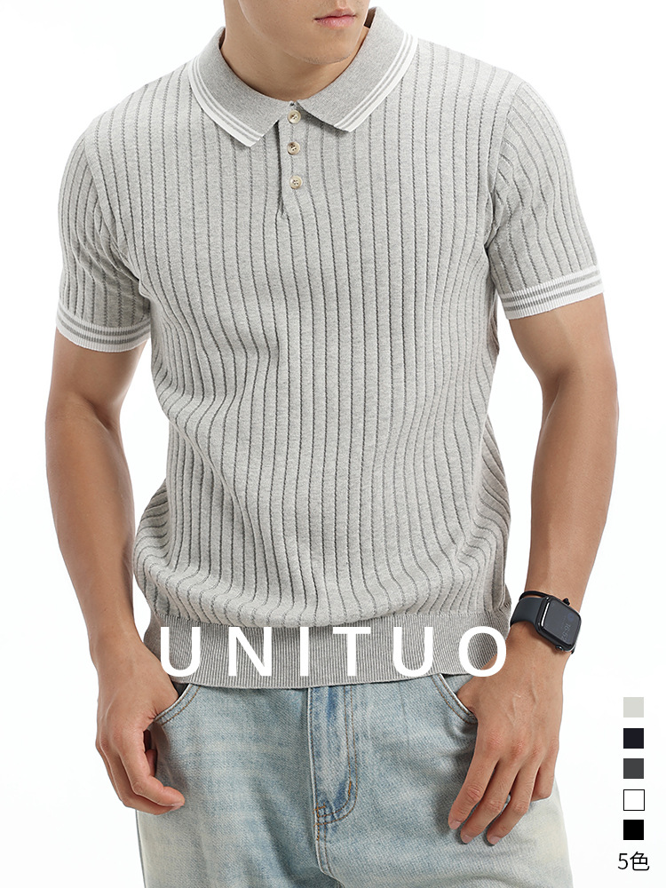 Verano Europa y América transfronterizos hombre collar de contraste vertical rayas de hielo polo camisa transpirable de mangas cortas de negocios ropa casual para hombres