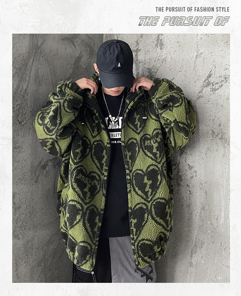 Stylish Men's Lamb Wool Jacket With Heartbroken Print Coat_voghion.com