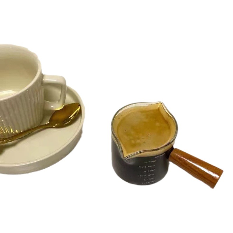 Olla de madera creativa, taza de leche pequeña, olla de leche pequeña de vidrio, plato de salsa, mango de madera, lata de leche, mini plato de salsa de condimento, taza medidora de café