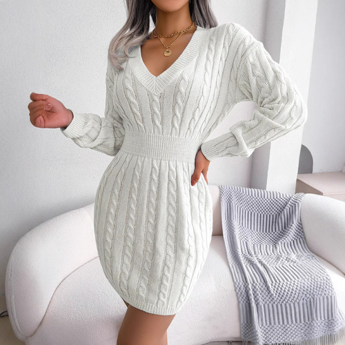 Ins-style actual photos fall/winter European and American fashion belted cabled bodycon maxi dress Amazon cross-border women's clothing