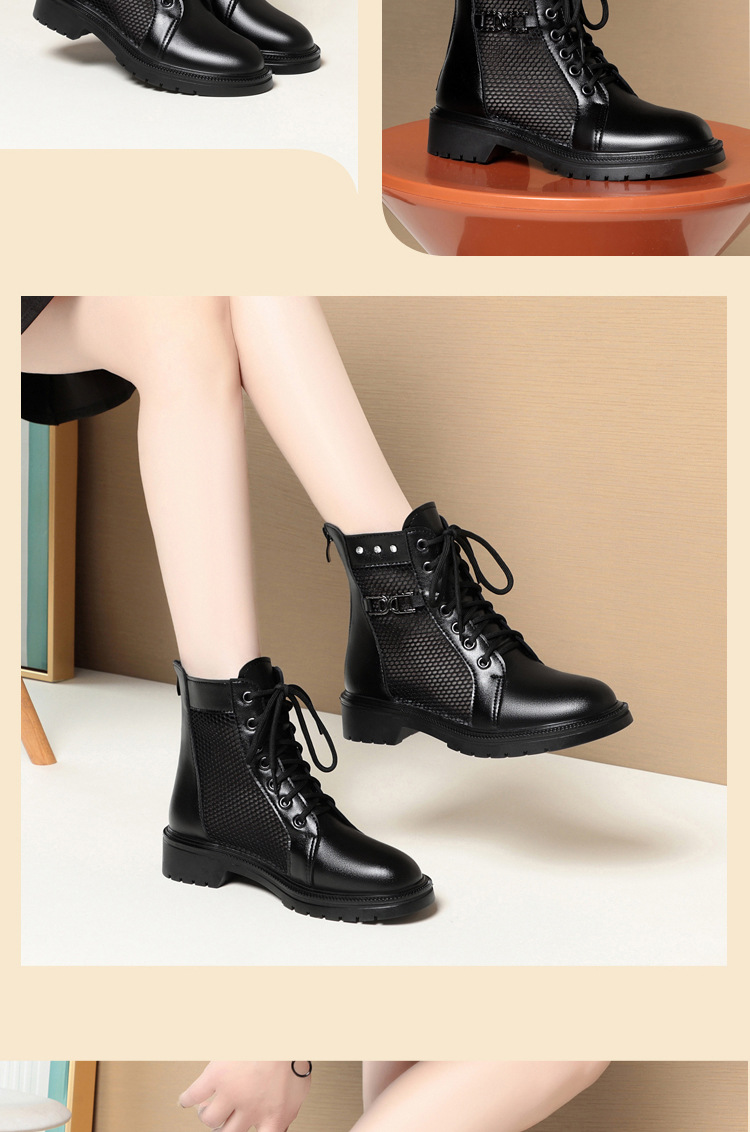 Boot Martin lưới da thật thoáng khí cổ thấp gót cao vừa — Màu đen chi tiết 10