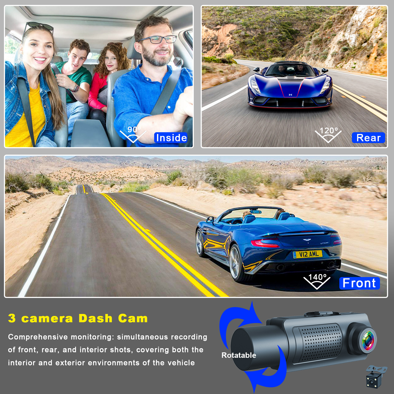 Cross-Border 3.16inch Three-Camera 1080P+480+480+Wifi Dash Cam High-Definition Three-Lens Recorder