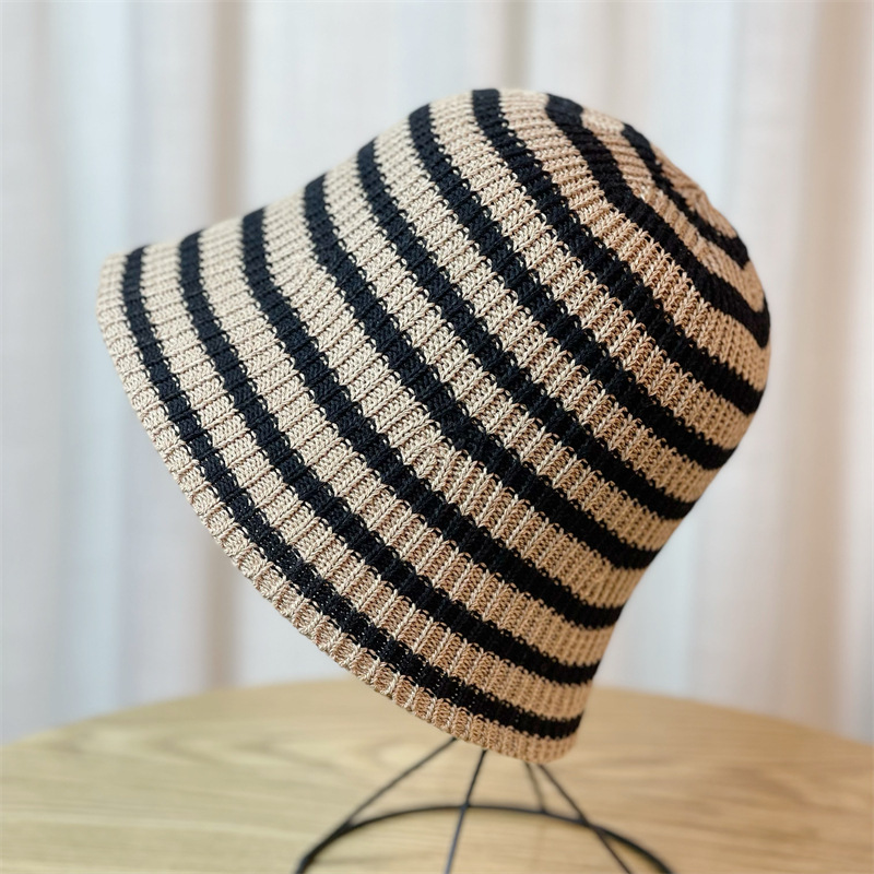 New Hat for Women's Casual Shopping Striped Fisherman Hat, Korean Version, Fashionable and Versatile Knitted Round Top Basin Hat, Foldable and Trendy_voghion.com