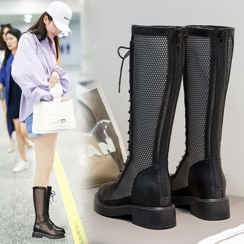 Inner Height-Increasing Martin Boots, Spring/Summer Thin Style, Below-The-Knee Black Long Boots, Mesh Breathable Hollow-Out Long Boots for Women