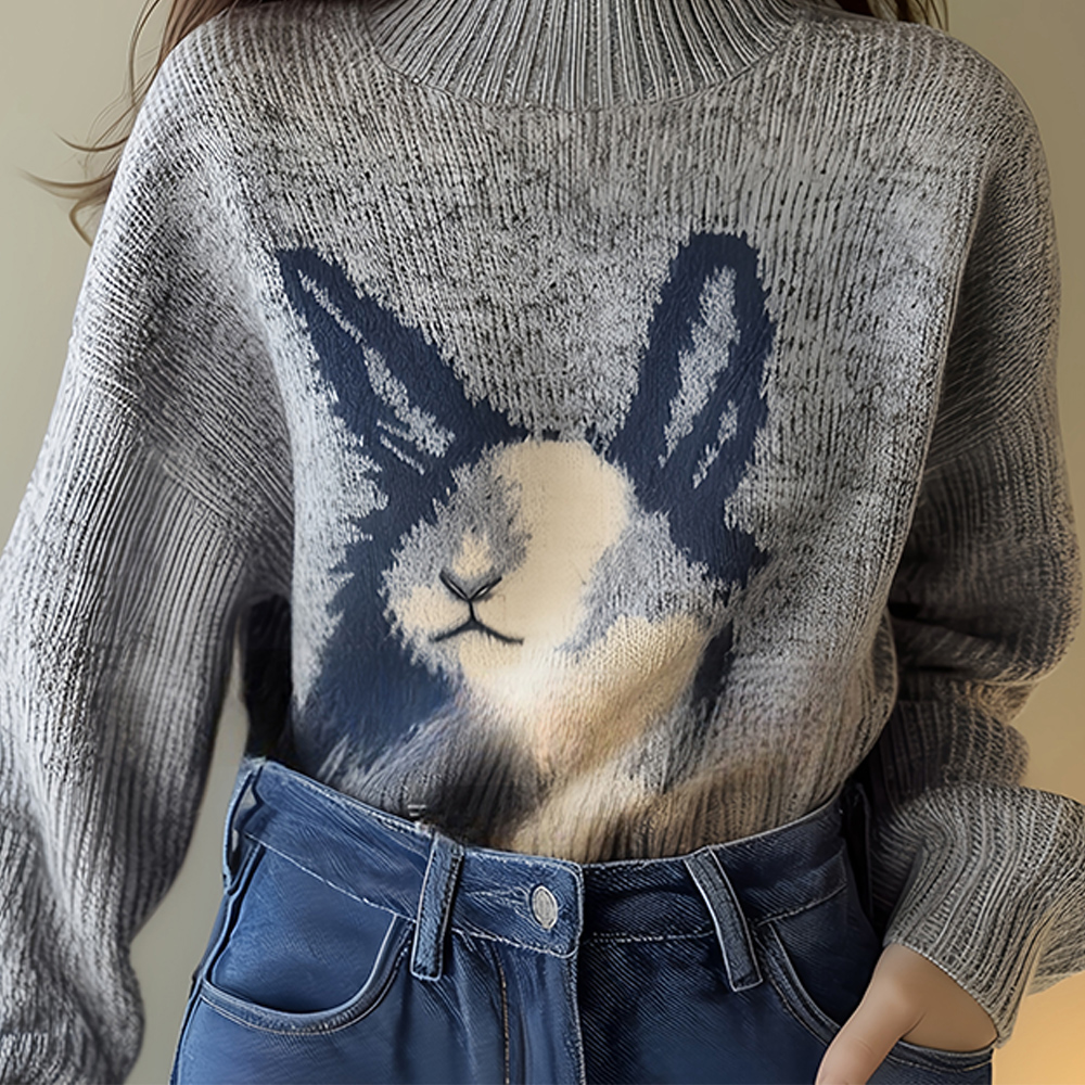 회색 스탠드 칼라 토끼 프린트 스웨터 부드러운 왁스 스웨터 여성의 2024 가을과 겨울 새로운 한국식 분위기 탑