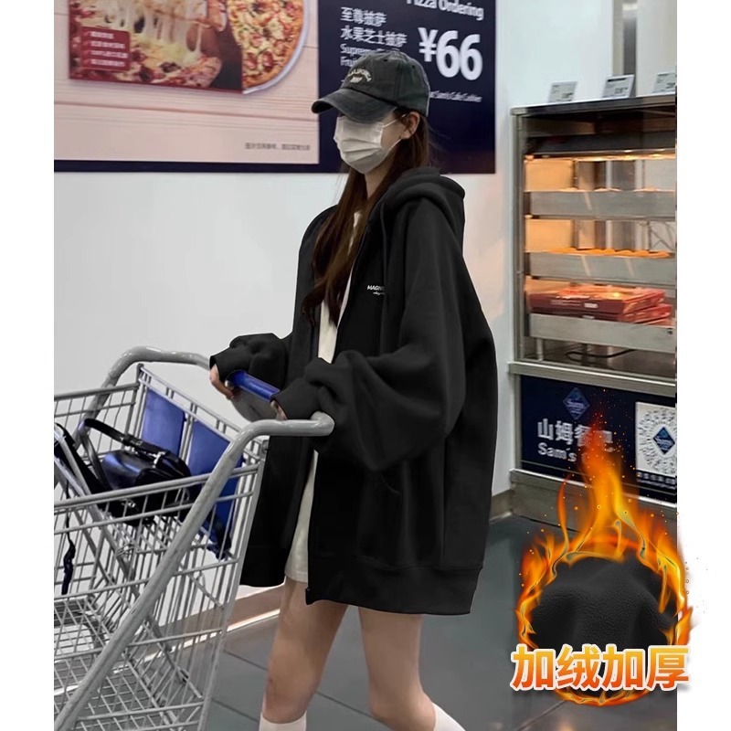 %棉美式复古拉链开衫卫衣女秋冬季加绒加厚连帽外套|undefined