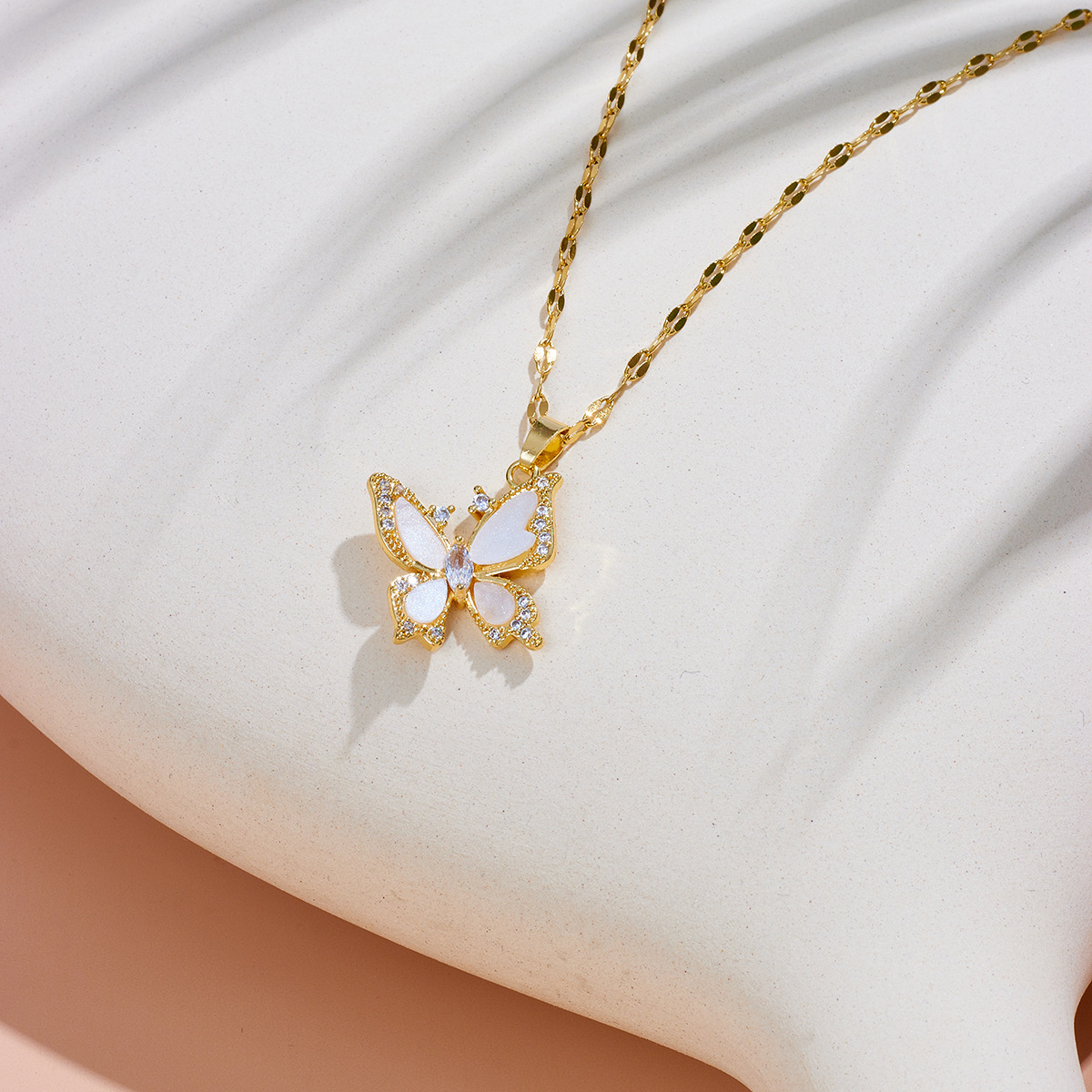 Holiday Occasion Titanium Steel Material Butterfly Pattern 1 Piece Simple Style Butterfly Titanium Steel Inlay Zircon Pendant Necklace