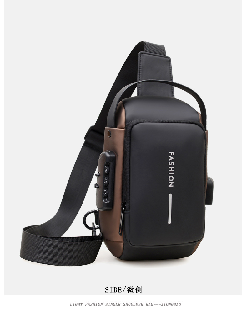 Carga USB explosión de estilo de moda de tramo oblicuo mochila deportiva anti-robo mochila pequeña multifuncional contraseña bloqueo bolso de pecho