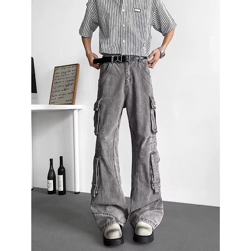 Тяжелый рабочий мульти карманные пушечные джинсы на молнии для мужчин модный дизайн Wei La ретро швабры широкие брюки