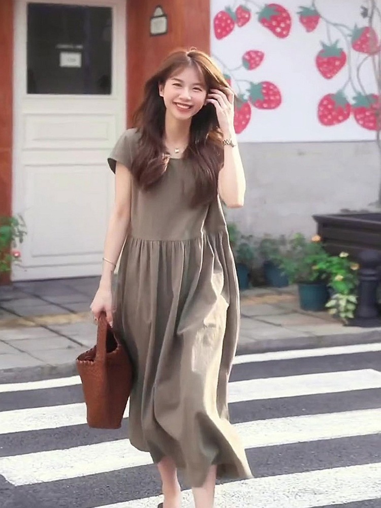 Đầm suông midi cổ tròn tay ngắn chất liệu thun cotton phối ren kiểu Pháp — Váy liền màu kaki chi tiết 6