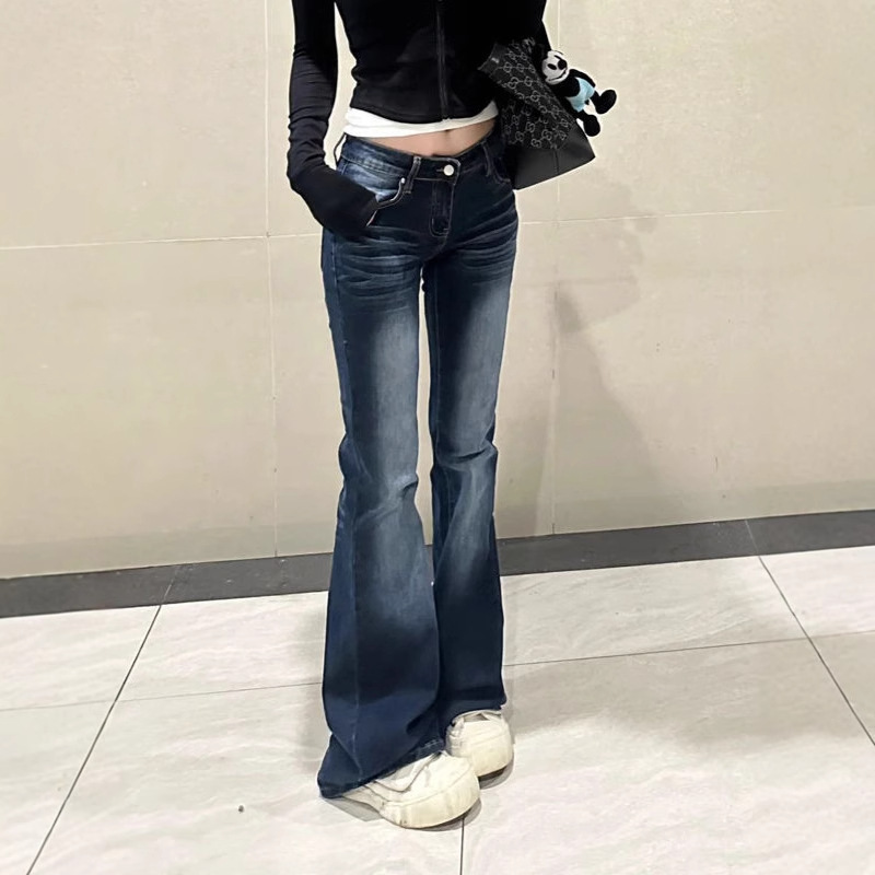 Spice Girls dark blue distressed high waist micro-blare jeans women's short stretch close-fitting slimming straight pants horseshoe trousers Spice Girls dark blue distressed high waist micro-blare jeans women's short stretch close-fitting slimming straight pants horseshoe trousers