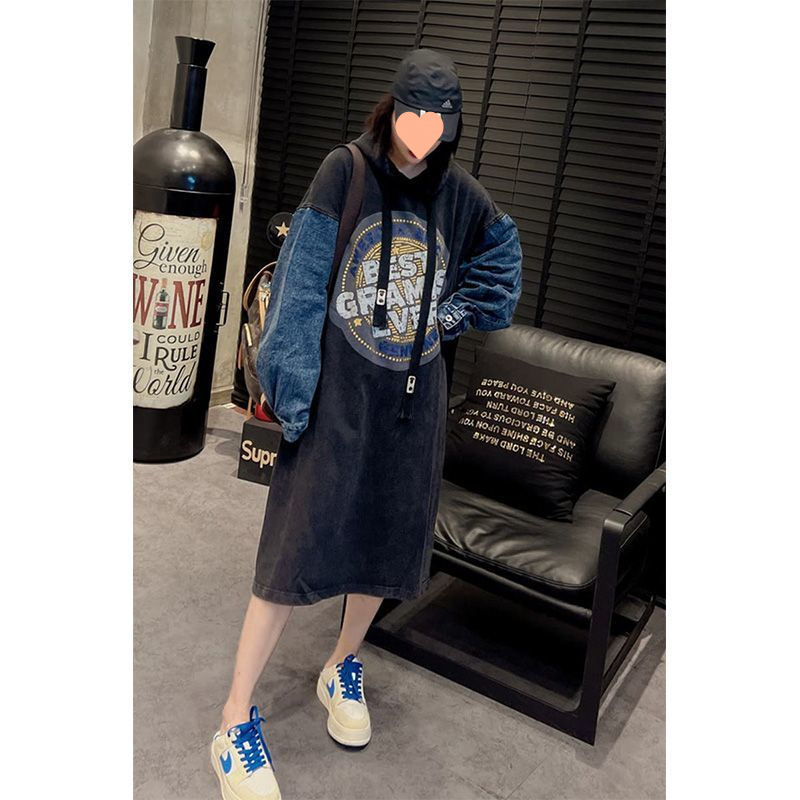 유럽 역 데님 후드 원피스 여성의 새로운 대형 지방 MM300 긴 원피스 덮는 진 느슨한 고기