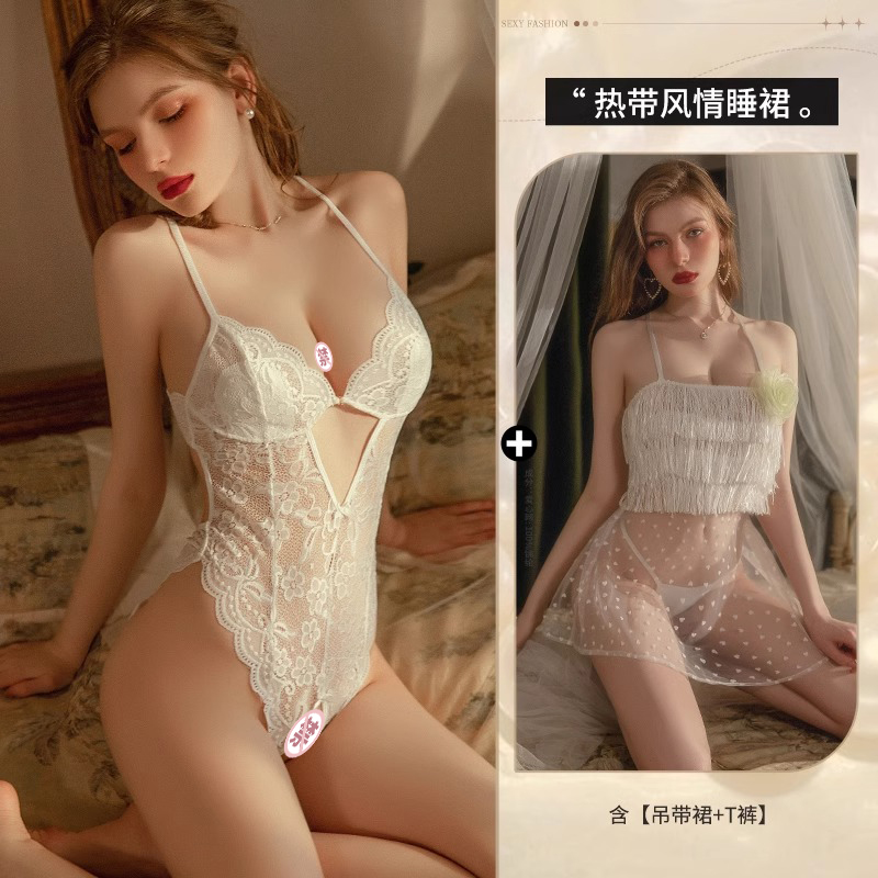 프렌치 레이스 가랑이 점프수트 ◆ 화이트 + 트로피컬 스타일 잠옷