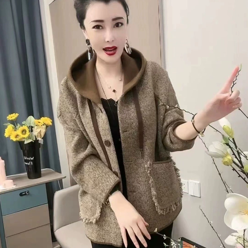 Осенний шерстяной кардиган-жакет для мамы, стиль Chanel, западный стиль, от Jingxuan Chun, кофе/карамель, размер L-4XL
