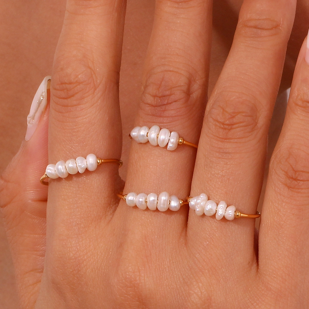 1 Piece Quantity Women's Stainless Steel PVD Coated 18K Gold Plated Pearl Geometric Rings Imitation Pearl Jewelry