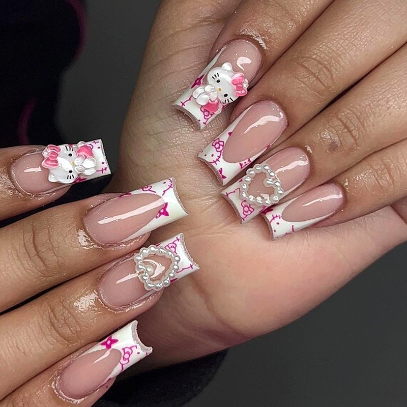 Sweet Girl Style Pink and White French Kitty Cat Cartoon Wearable Nails with 3D Heart Pearl Finished Nail Art Fake Nail Pieces