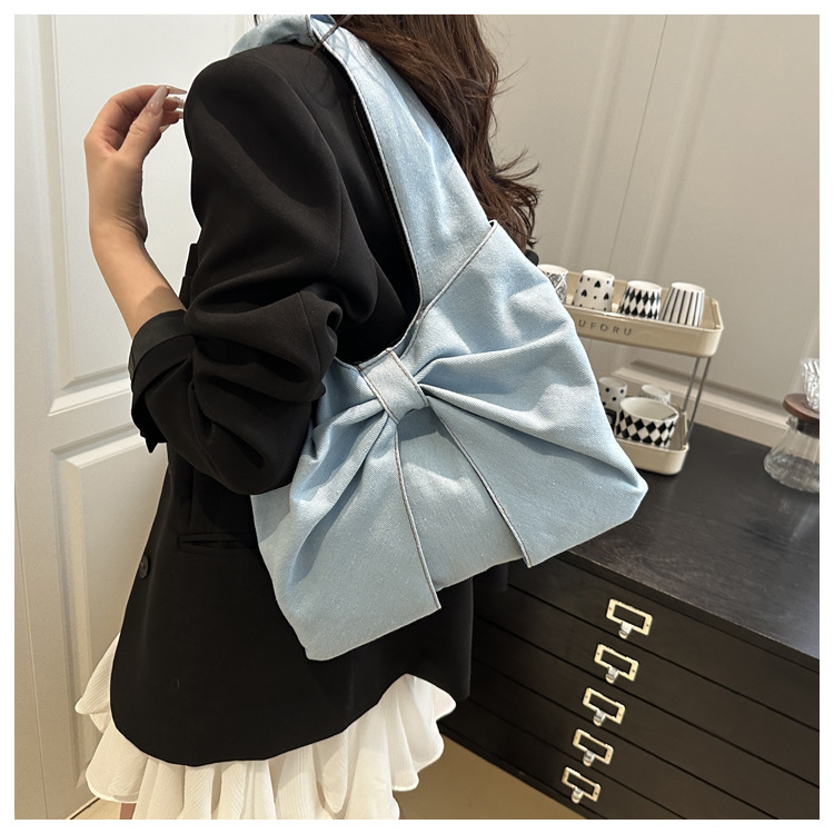 Sewing Thread Fashion Element Women's Large Denim Bow Knot Streetwear Sewing Thread Square Open Tote Bag