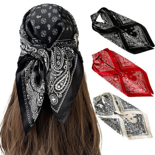 Black and White Cashew Nut Silk Scarf Wholesale Cross-border AliExpress Bestselling 70cm Head Scarf Women's Summer Thin Scarf