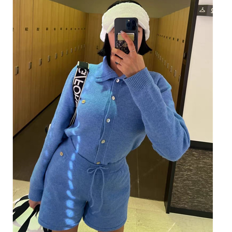 韩国秋季复古洋气字母贴标长袖毛衣外套百搭针织短裤两件套