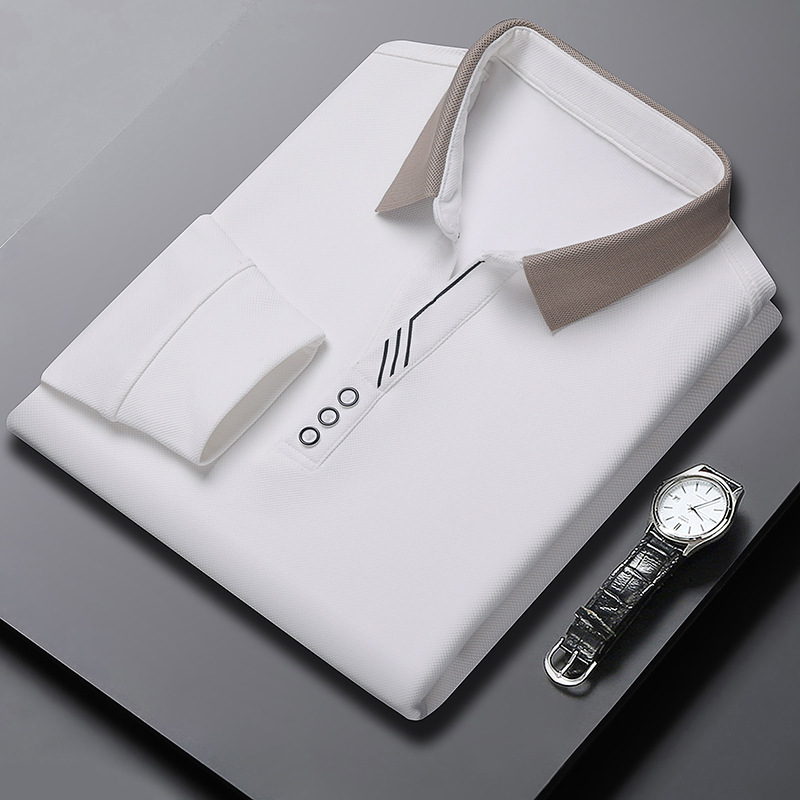 Tijeras collar Camiseta de manga larga de los hombres de Primavera y Otoño Nueva solapa simple casual solapa versátil camisa de polo de mediana edad de los hombres