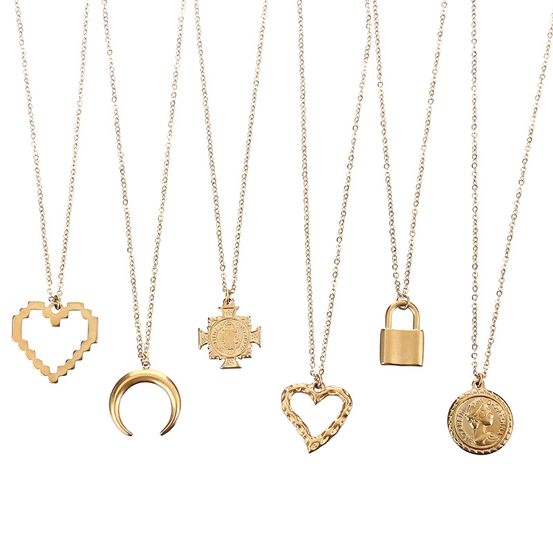 Plating Design Streetwear Moon Heart Shape Lock Stainless Steel Plating Pendant Necklace