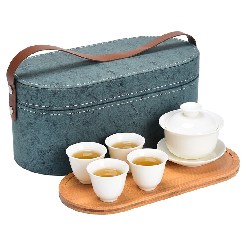 Mutton fat jade travel tea set white porcelain gold covered bowl…