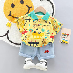 24 New Styles: Boys' Summer Fashionable Polo Shirt & Denim Pants – 2-Piece Korean-Style Kids' Outfit with Car Design Denim Shorts