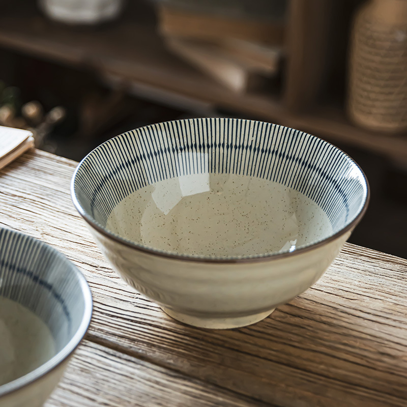 Tacos de mesa de cerámica retrógrada prácticos con rayas abiertas, tazón de fideos de alta calidad, tazón de ensalada de frutas, tazón de fideos doméstico para una persona