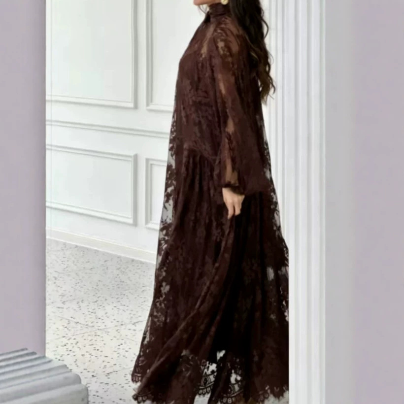 Elegant Deep Brown Maxi Dress With Lace Panels And Defined Waist | Flowy A-Line Skirt For Special Occasions_ecoleips.com