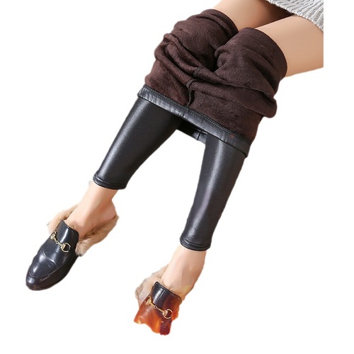 Winter and Autumn Thicken and Warm Faux Leather Women's Outerwear Slimming Large Size Elastic Winter Leggings Tight Mini Foot Warm Pants