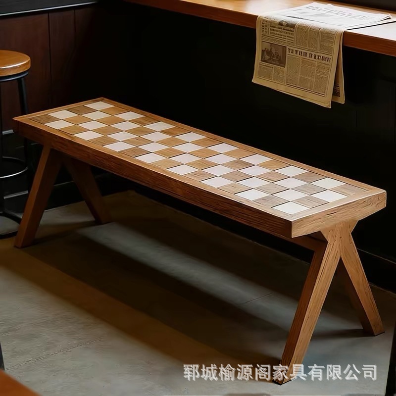 老榆木休闲长椅实木拼花长条凳民宿酒店棋盘格床尾凳玄关换鞋凳