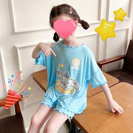 夏季新款卡通套装女童家居服中小童冰丝短袖短裤两件套舒适睡衣潮