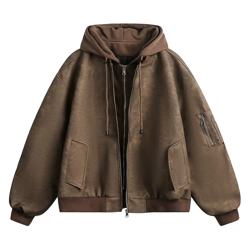 美式复古假两件PU皮飞行夹克男春秋潮牌宽松设计感连帽机车服外套