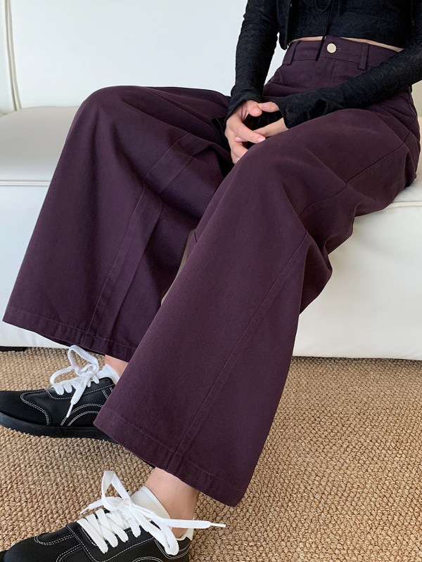 梅紫色洗水棉牛仔阔腿裤女秋冬新款小个子百搭外穿直筒休闲九分裤|undefined