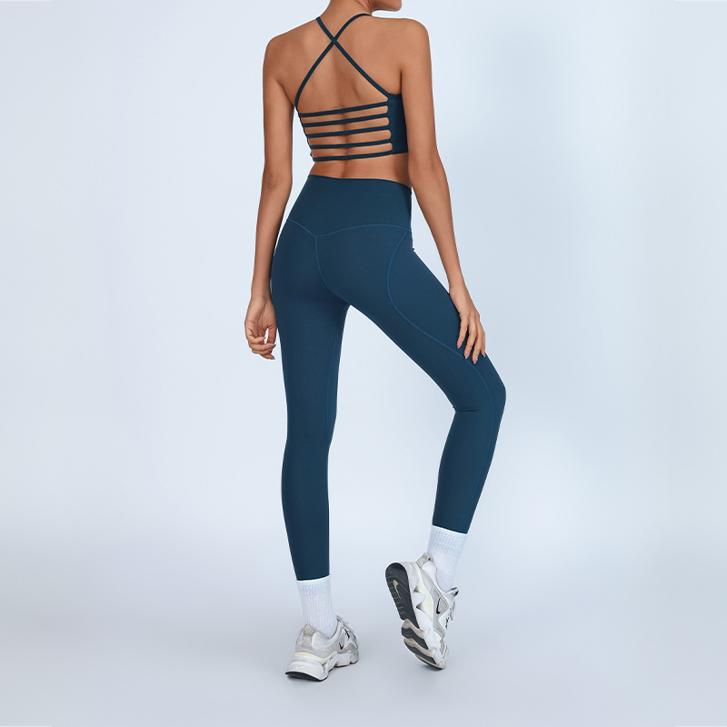 Traje de fitness deportivo de comercio exterior europeo y americano, desnudo femenino con almohadilla para el pecho, chaleco trasero de yoga, cintura alta, pantalones de melocotón de secado rápido image 4