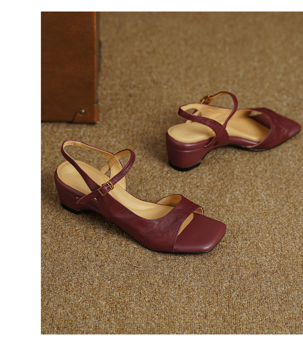 Sandal nữ da dê hở mũi gót vuông 4,5 cm phong cách Hàn Quốc — đen chi tiết 15