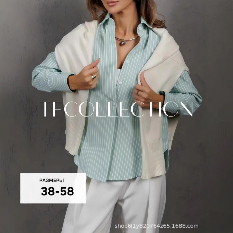 European and American Foreign Trade Women's Clothing 2026 New Loose Plus-Size Striped Women's Shirts Work Shirts Casual Long-Sleeved Shirts European and American Foreign Trade Women's Clothing 2026 New Loose Plus-Size Striped Women's Shirts Work Shirts Casual Long-Sleeved Shirts