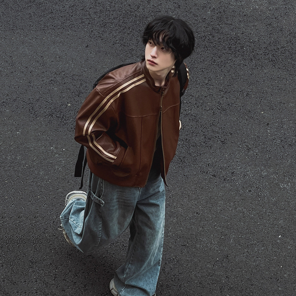 美ラード風皮上着男性春秋ゆるい立襟上着韓国版トレンド機関車革ジャケット潮